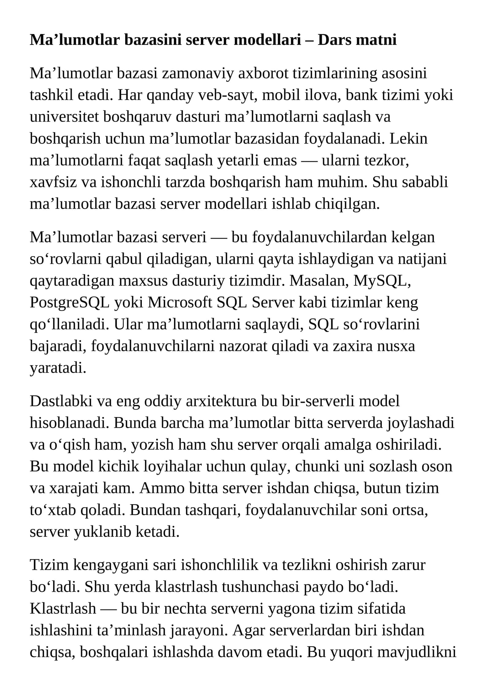 Ma’lumotlar bazasini server modellari – Dars matni 1