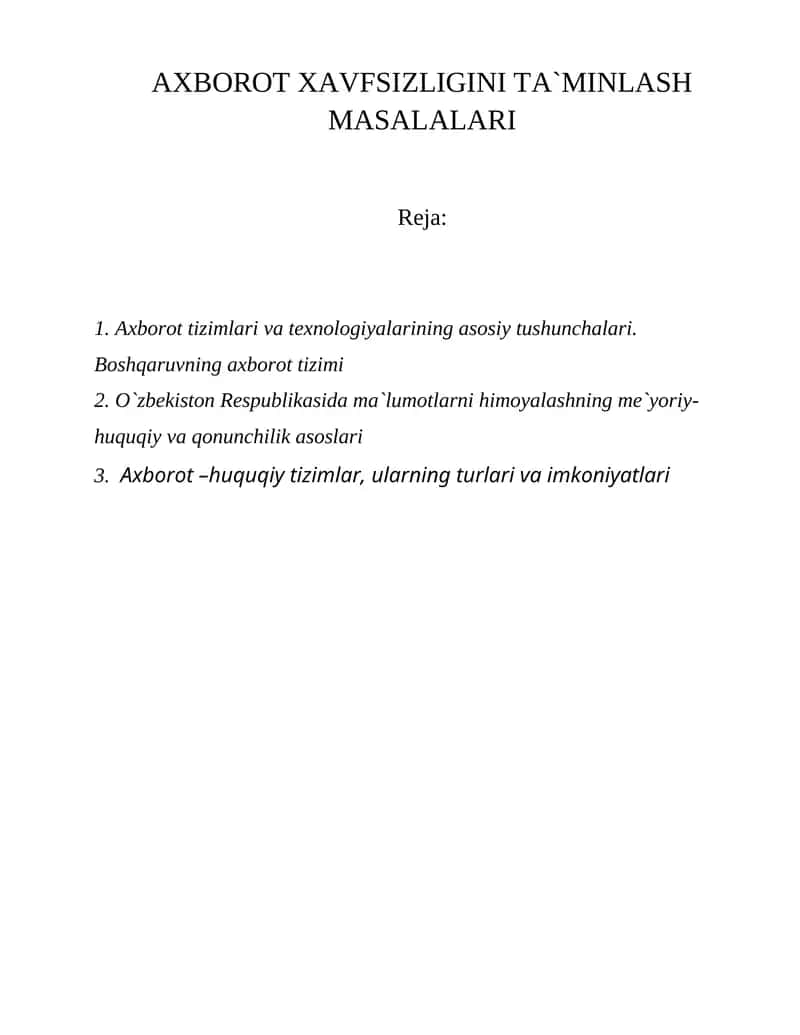 Axborot Xavfsizligini Ta`minlash Masalalari 1