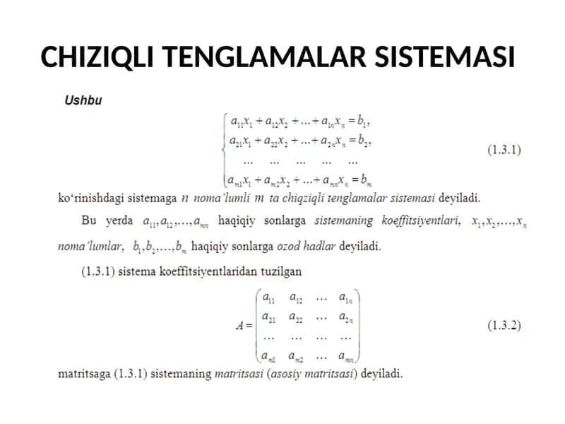 Oliy matematika: chiziqli tenglamalar sistemasi taqdimoti 1