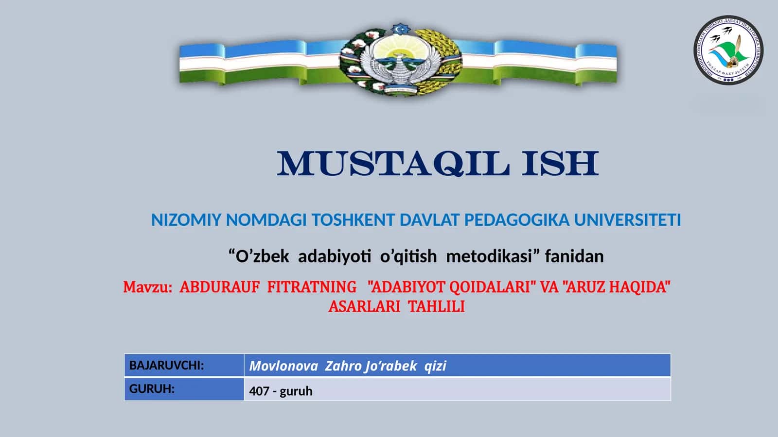 Fitratning "Aruz haqida" va "Adabiyot qoidalari" asarlari tahlili taqdimoti 1