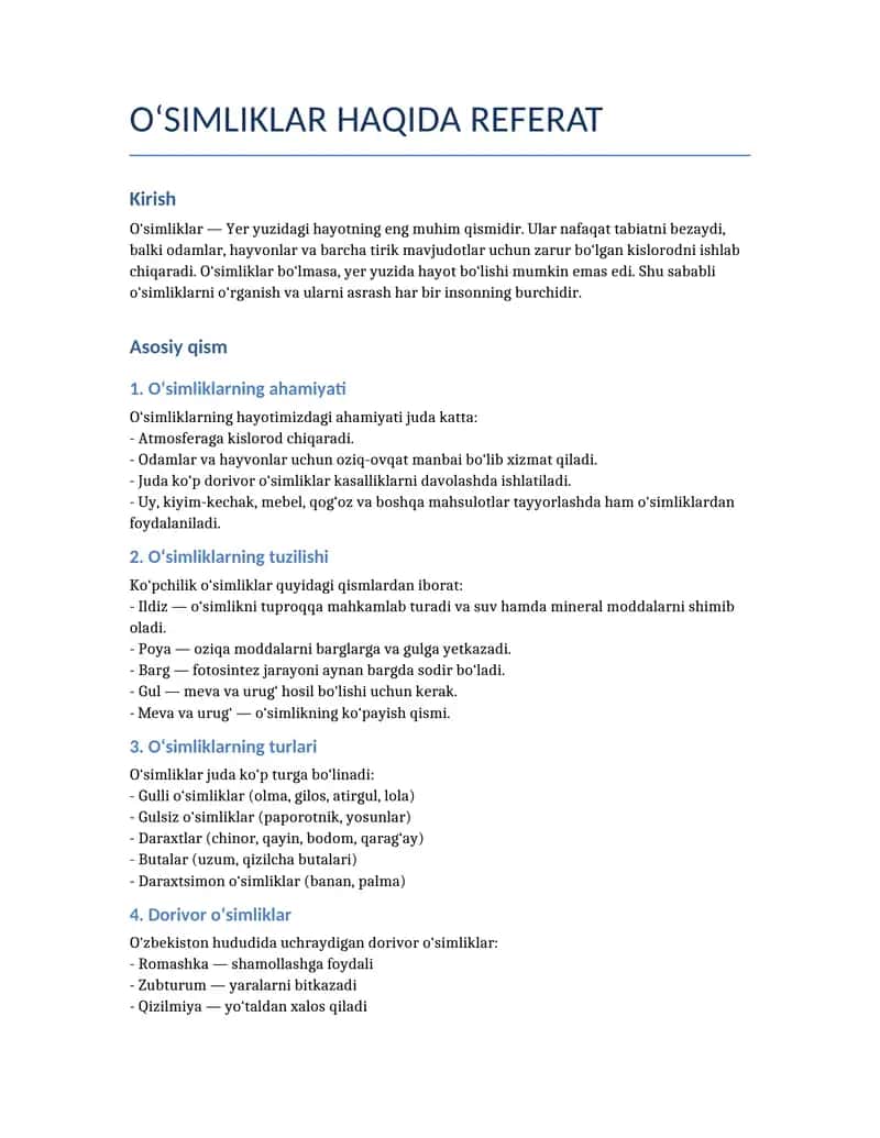 O'simliklar haqida referat 1