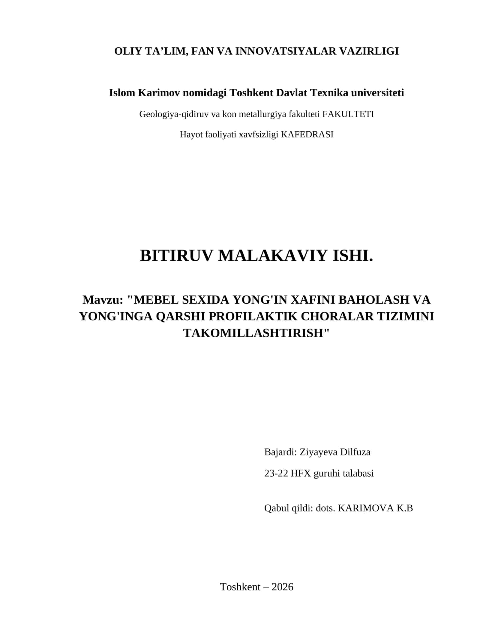 Mebel sexida yong'in xafini baholash va yong'inga qarshi profilaktik choralar tizimini takomillashtirish 1