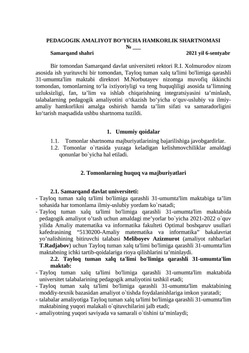 PEDAGOGIK AMALIYOT BO‘YICHA HAMKORLIK SHARTNOMASI 1