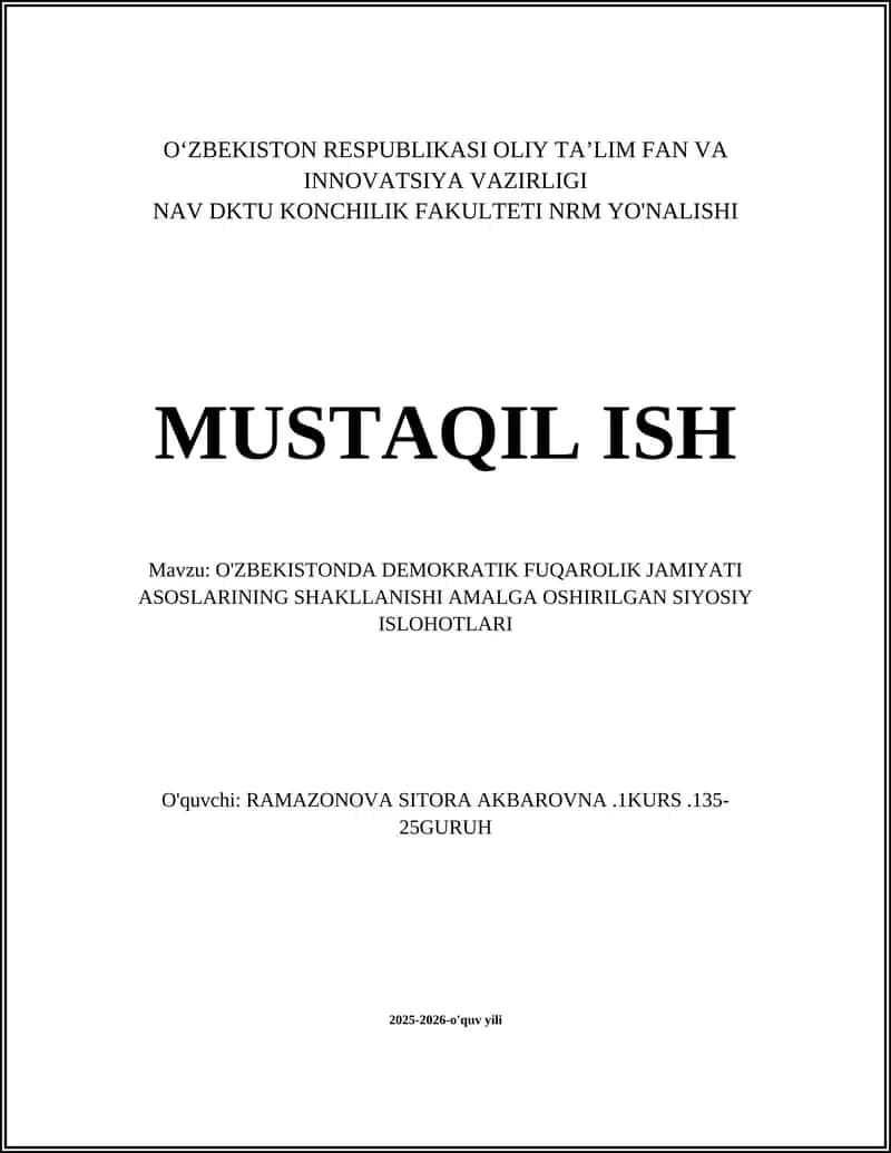 O'ZBEKISTONDA DEMOKRATIK FUQAROLIK JAMIYATI ASOSLARINING SHAKLLANISHI AMALGA OSHIRILGAN SIYOSIY ISLOHOTLARI 1