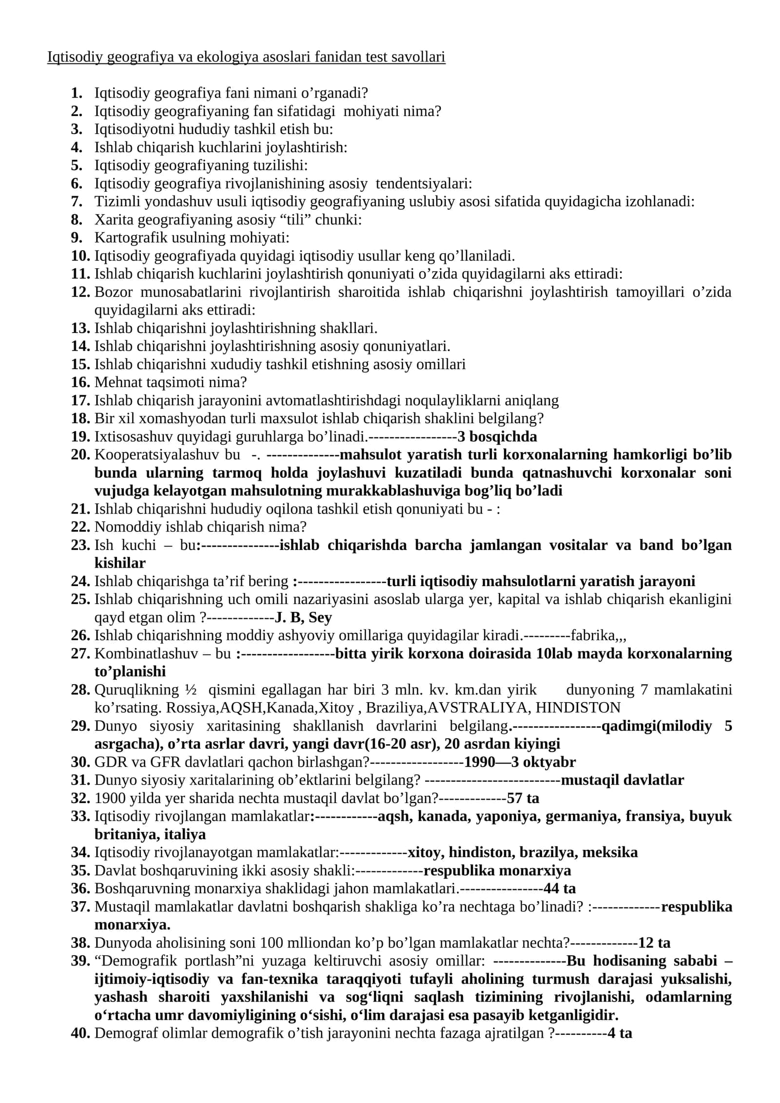 Iqtisodiy geografiya va ekologiya asoslari fanidan test savollari 1