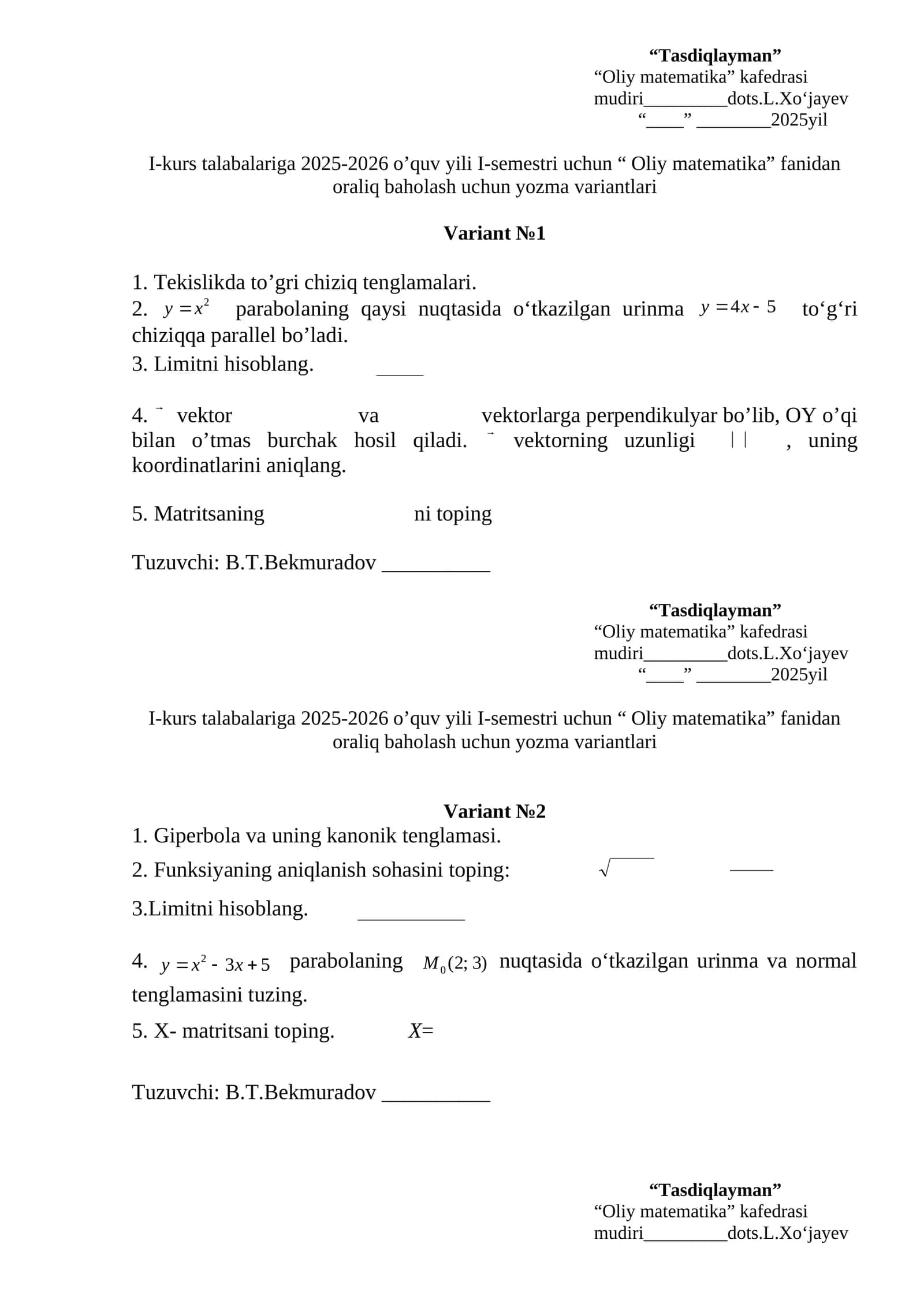 Oliy matematika fanidan oraliq baholash variantlari 1