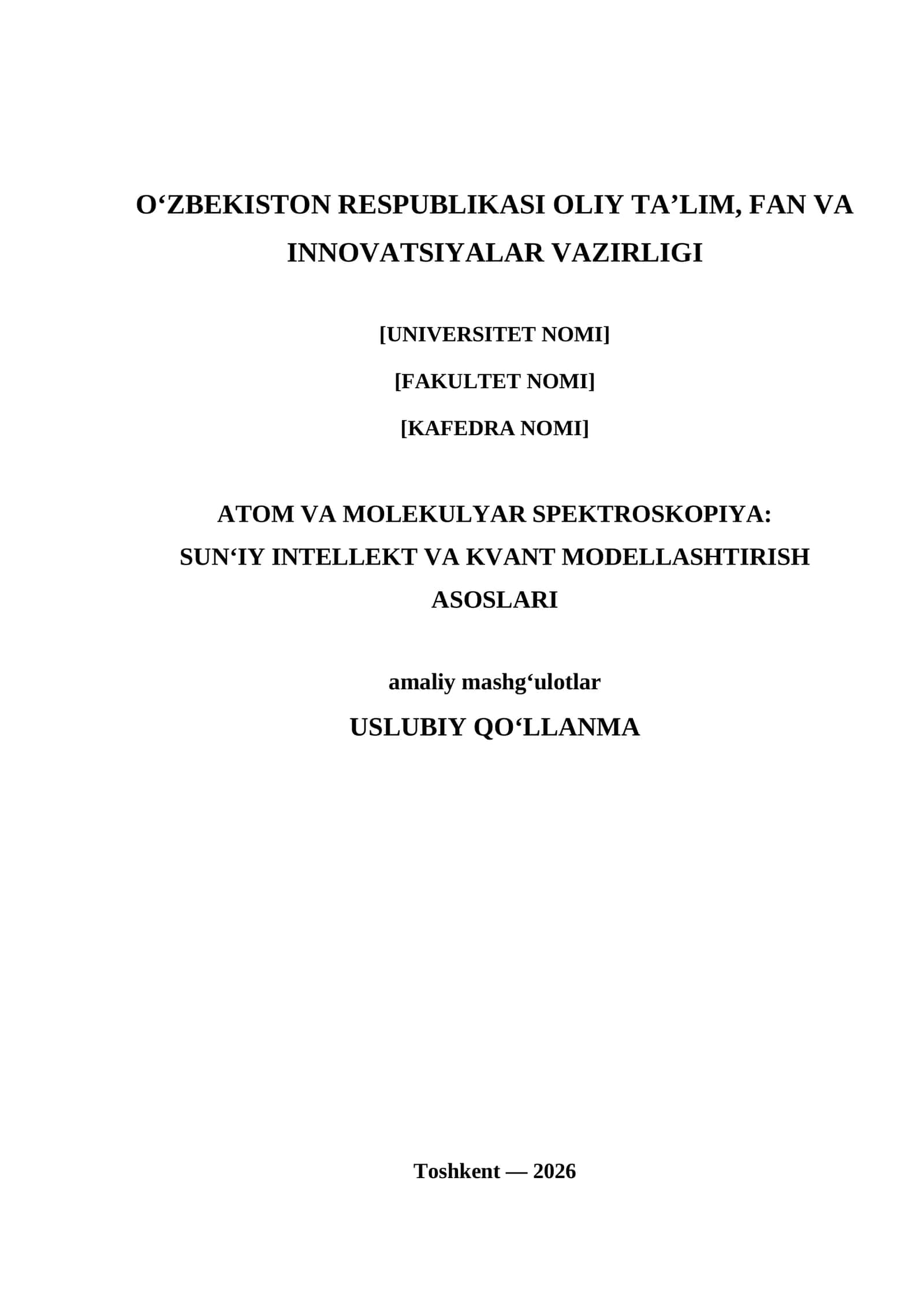 Umumiy 12 ta amaliyot mavzusi 1. Atom va molekulyar orbitallarni tasvirlashda sun’iy intellektdan foydalanish. 2. Asosiy spektroskopiya tajribasi. 3. Sun’iy intellekt yordamida elektron konfiguratsiyalarni tahlil qilish. 4. Sun’iy intellekt yordamida atomlarning elektron konfiguratsiyasini tahlil qilish. 5. Sun’iy intellekt yordamida atom orbitallarini modellashtirish. 6. Oddiy hisoblash mashqi. 7. Yorug'lik-materiyaning o'zaro ta'sirini ko'rsatish. 1