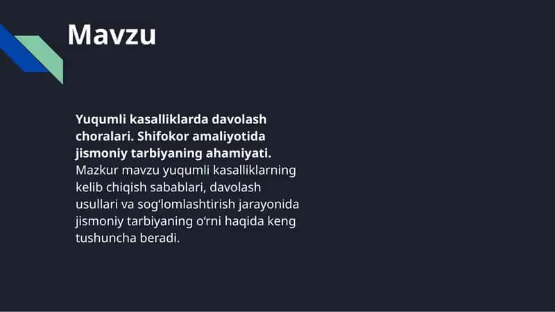 Yuqumli kasalliklarda davolash choralari. Shifokor amaliyotida jismoniy tarbiyaning ahamiyati. Mazkur mavzu yuqumli kasalliklarning kelib chiqish sabablari, davolash usullari va sog‘lomlashtirish jarayonida jismoniy tarbiyaning o‘rni haqida keng tushuncha beradi. 1