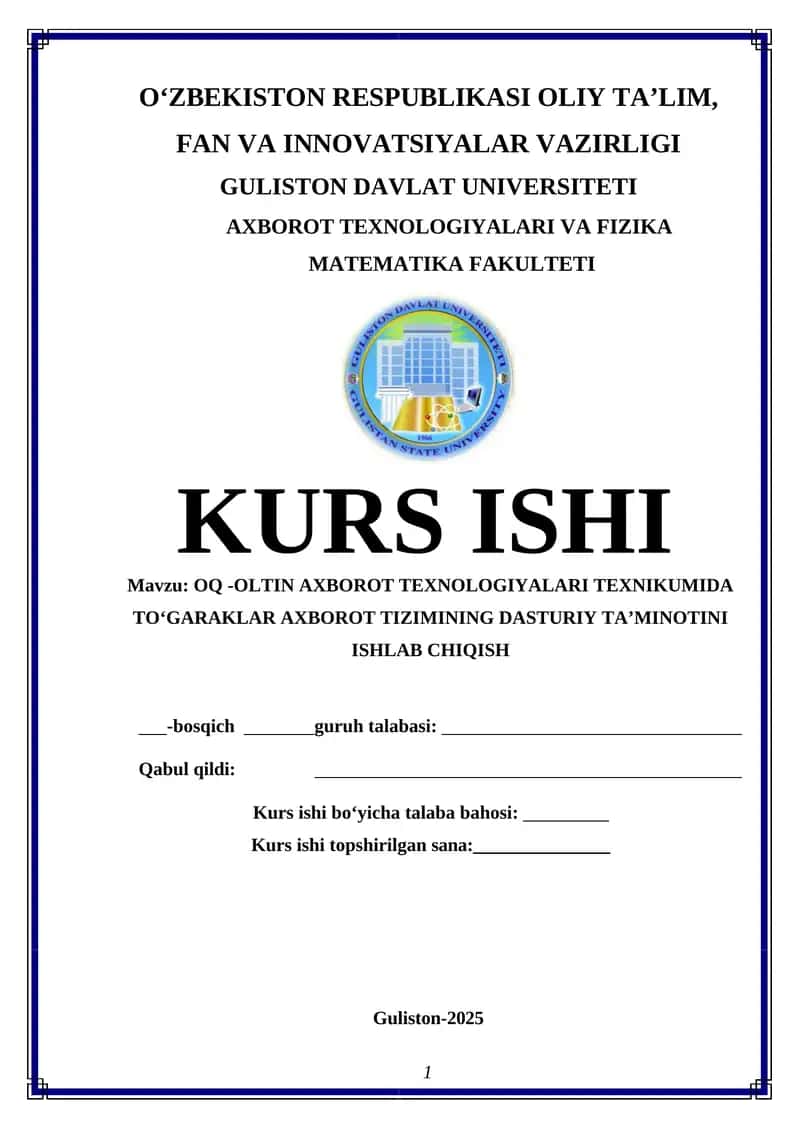 OQ -OLTIN AXBOROT TEXNOLOGIYALARI TEXNIKUMIDA TOʻGARAKLAR AXBOROT TIZIMINING DASTURIY TAʼMINOTINI ISHLAB CHIQISH 1