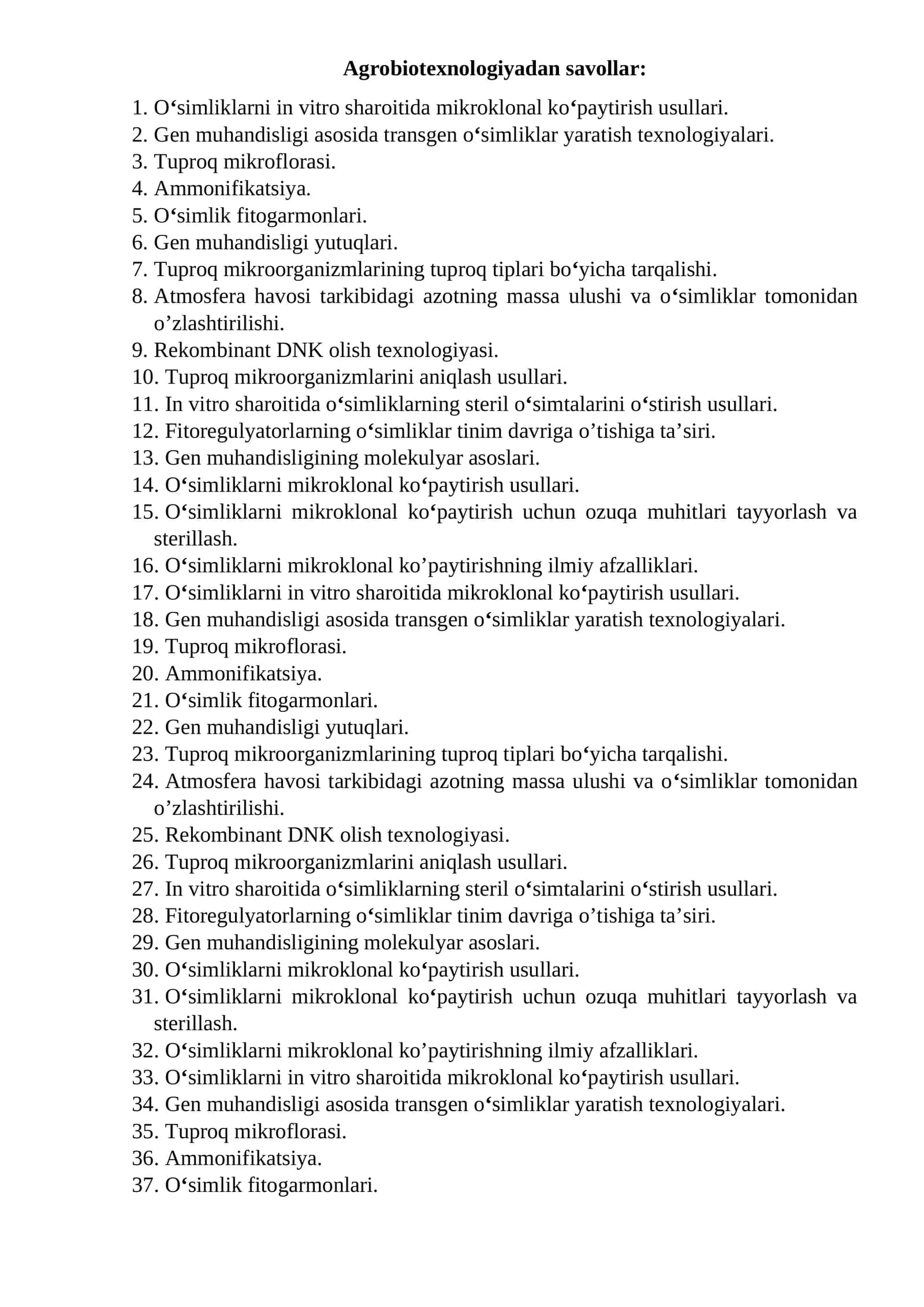 Agrobiotexnologiyadan savollar 1