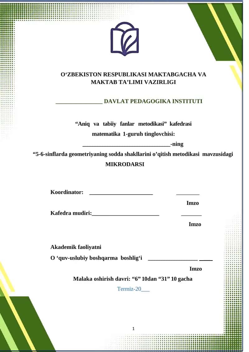 5-6-sinflarda geometriyaning sodda shakllarini o’qitish metodikasi Mikrodars 1