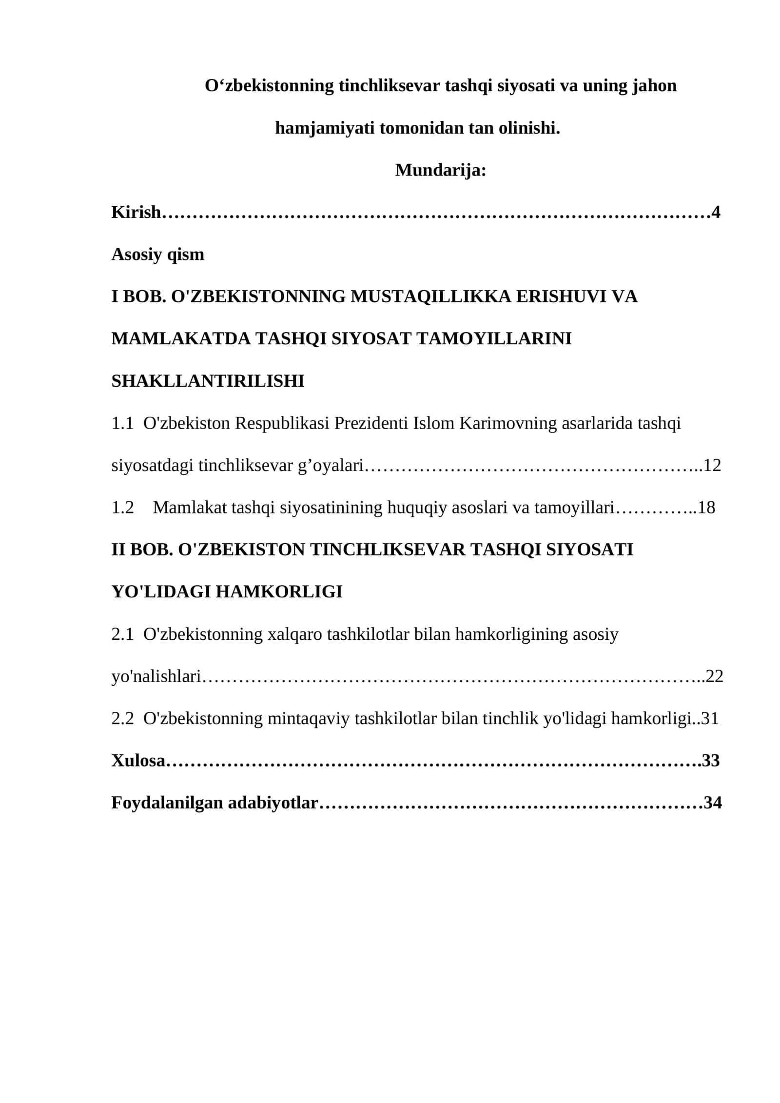 O'zbekistonning tinchliksevar tashqi siyosati va uning jahon hamjamiyati tomonidan tan olinishi 1