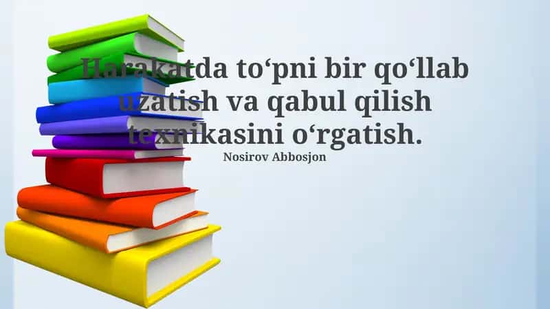 Harakatda bir qo'l bilan to'pni uzatish va qabul qilish texnikasi 1