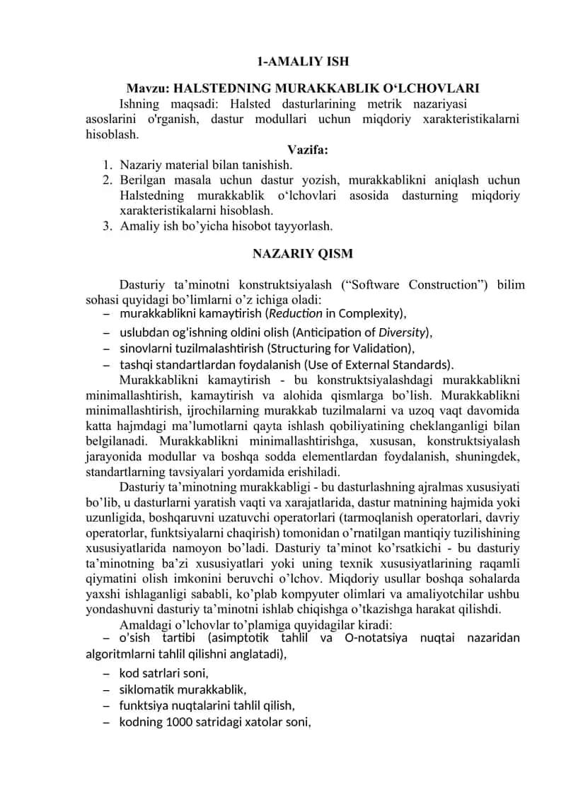 HALSTEDNING MURAKKABLIK O‘LCHOVLARI 1