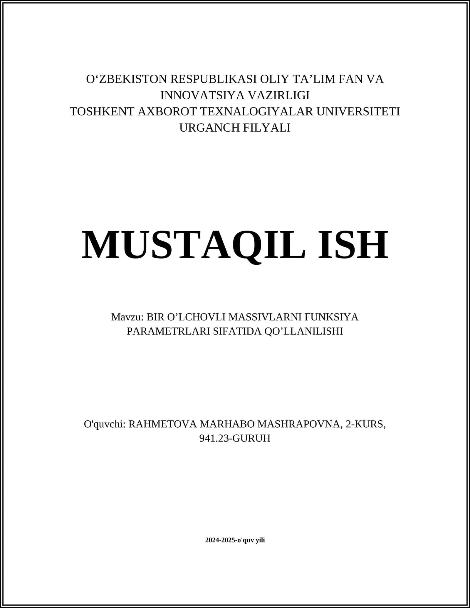 BIR O'LCHOVLI MASSIVLARNI FUNKSIYA PARAMETRLARI SIFATIDA QOʼLLANILISHI 1