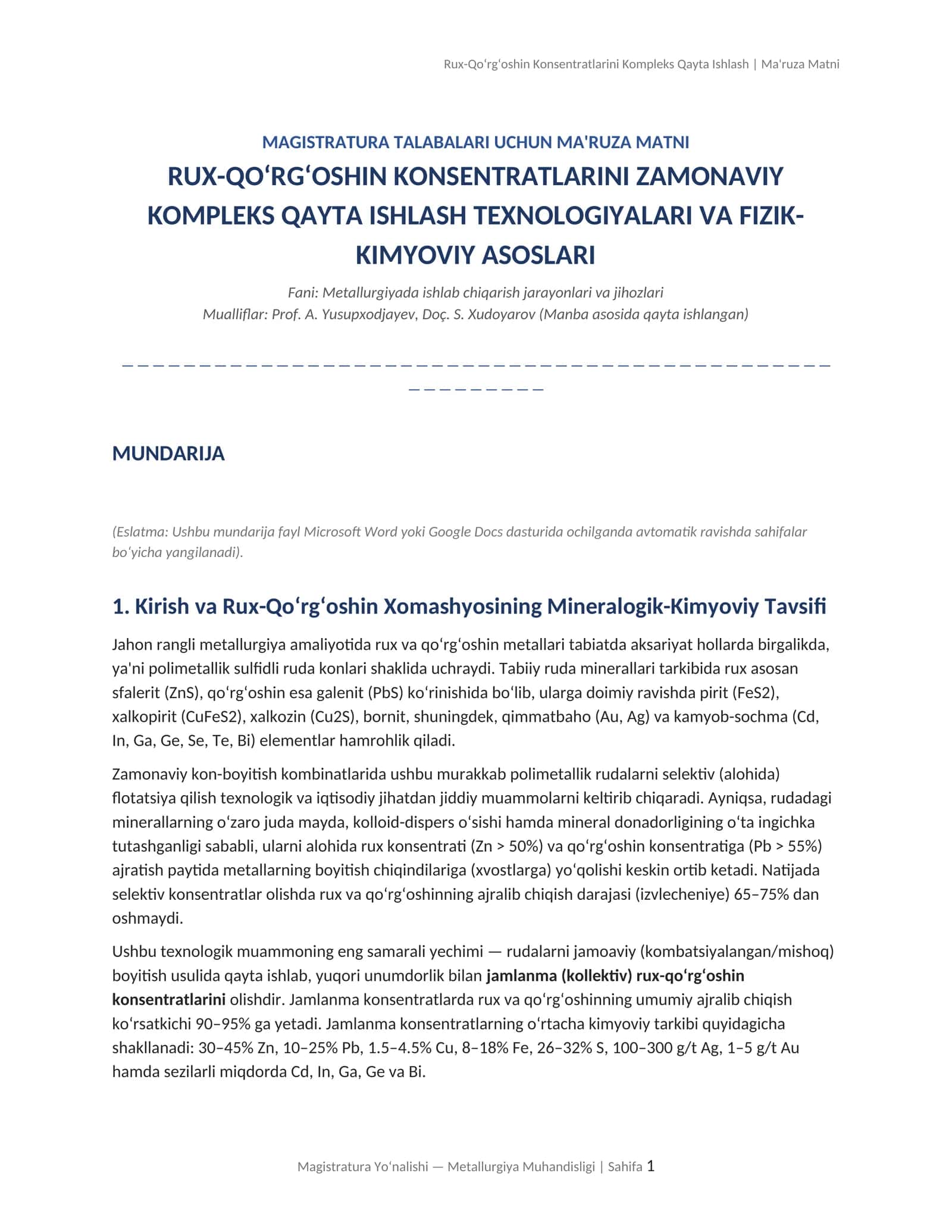 Rux-Qo‘rg‘oshin Konsentratlarini Kompleks Qayta Ishlash | Ma'ruza Matni 1