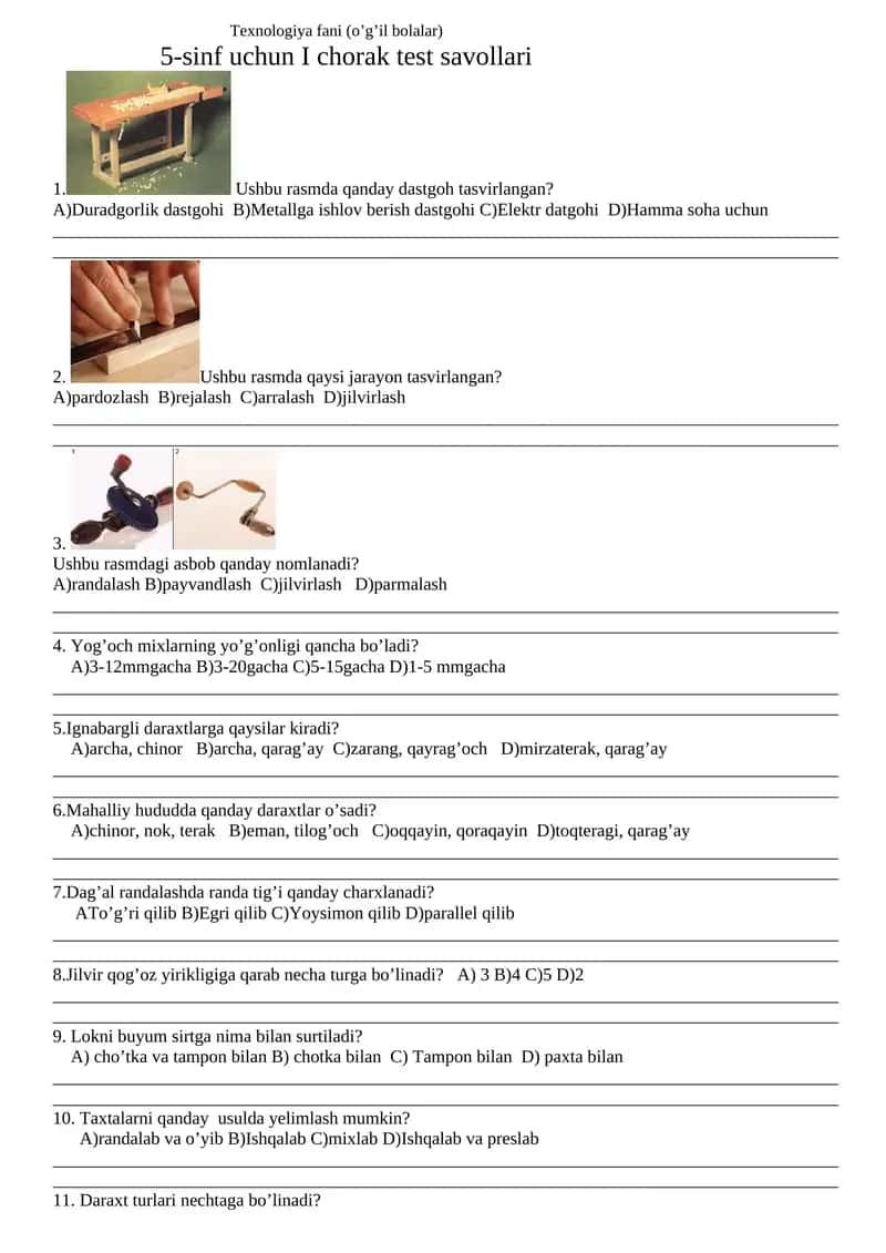 5-sinf uchun texnologiya fanidan I chorak test savollari jamlangan 1