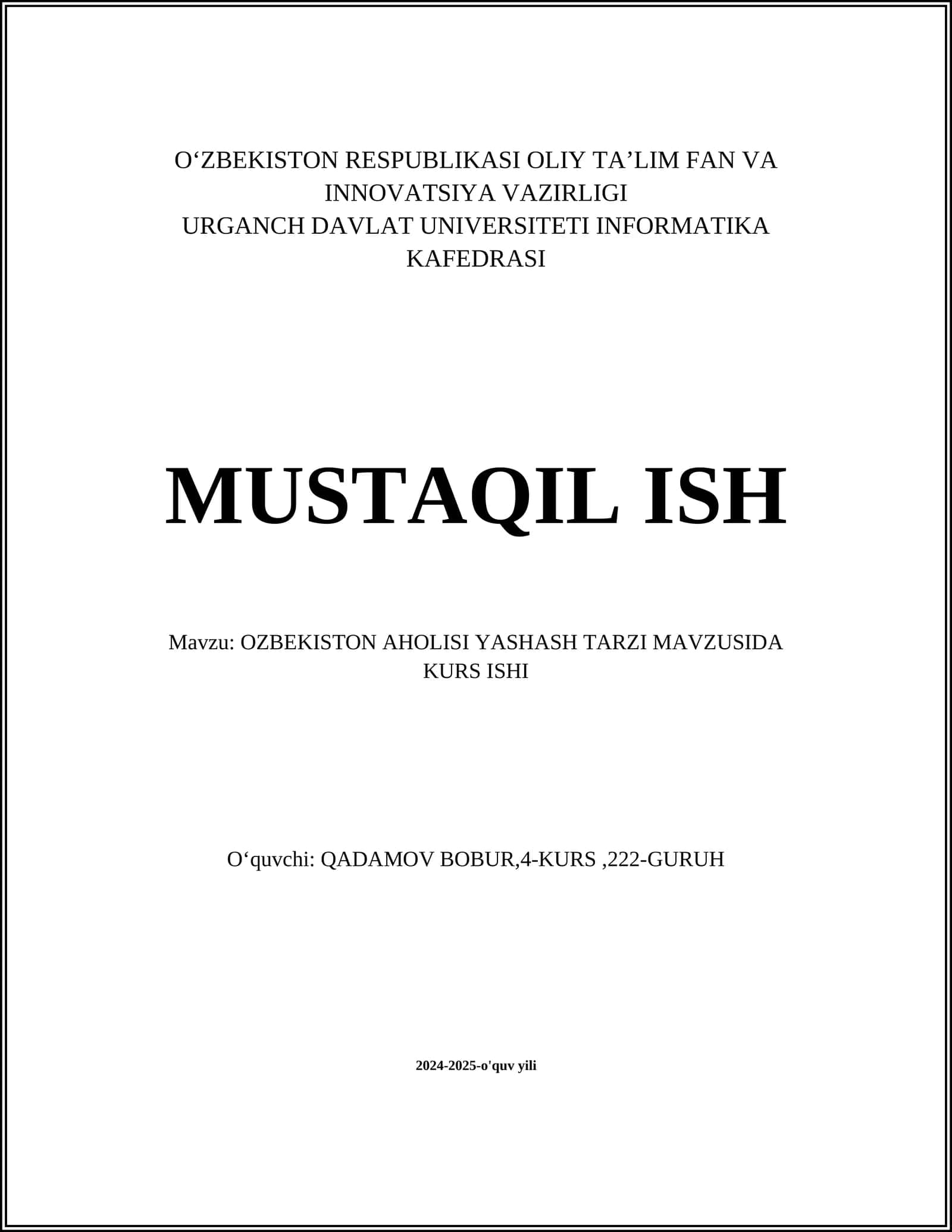 O‘zbekiston aholisi yashash tarzi mavzusida - Kurs ishi 1