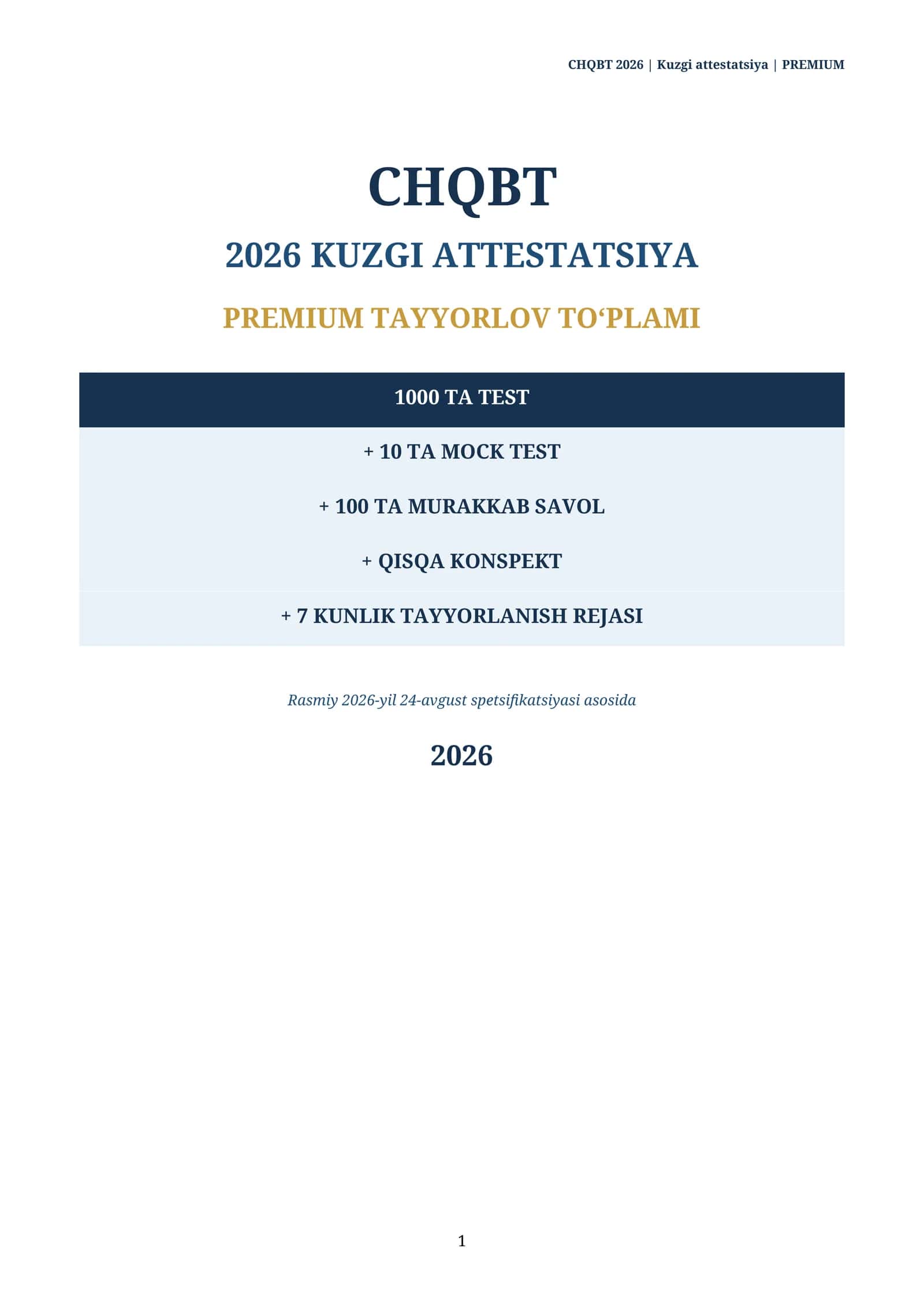 CHQBT 2026 kuzgi attestatsiya | 1000 ta test + 10 ta MOCK test + konspekt 1