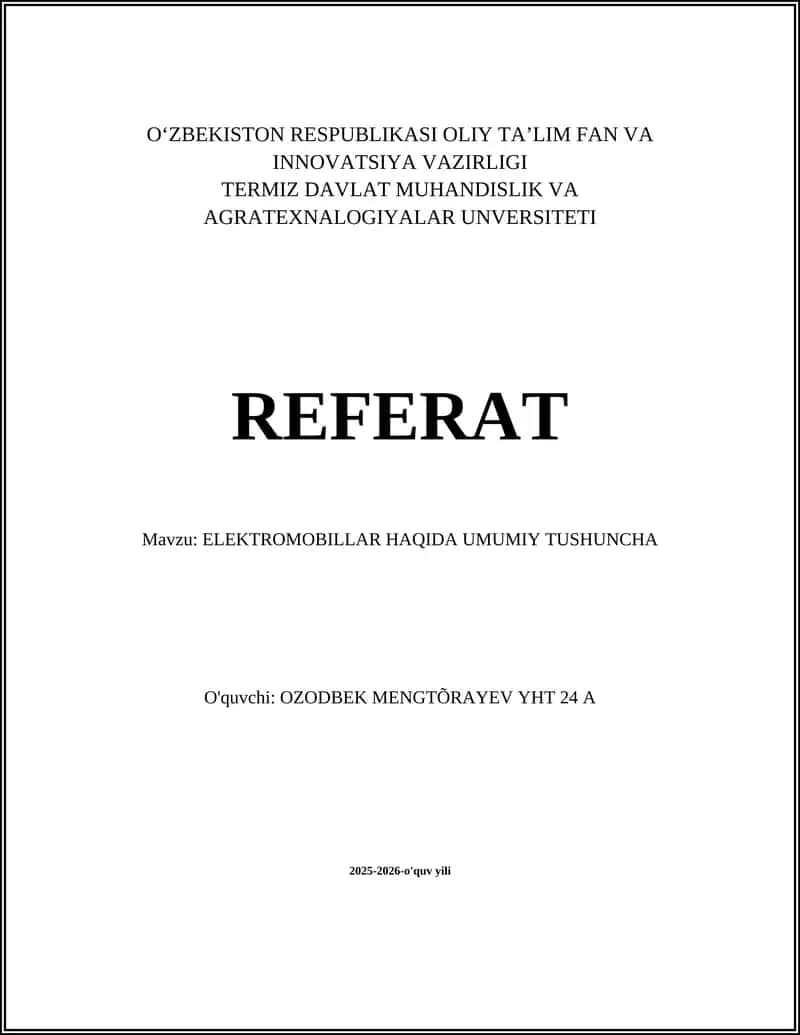ELEKTROMOBILLAR HAQIDA UMUMIY TUSHUNCHA 1