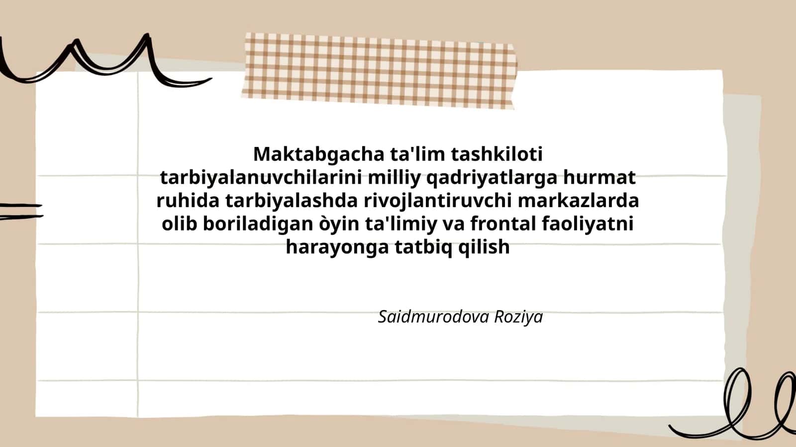 Maktabgacha ta'lim tashkiloti tarbiyalanuvchilarini milliy qadriyatlarga hurmat ruhida tarbiyalashda rivojlantiruvchi markazlarda olib boriladigan òyin ta'limiy va frontal faoliyatni harayonga tatbiq qilish 1