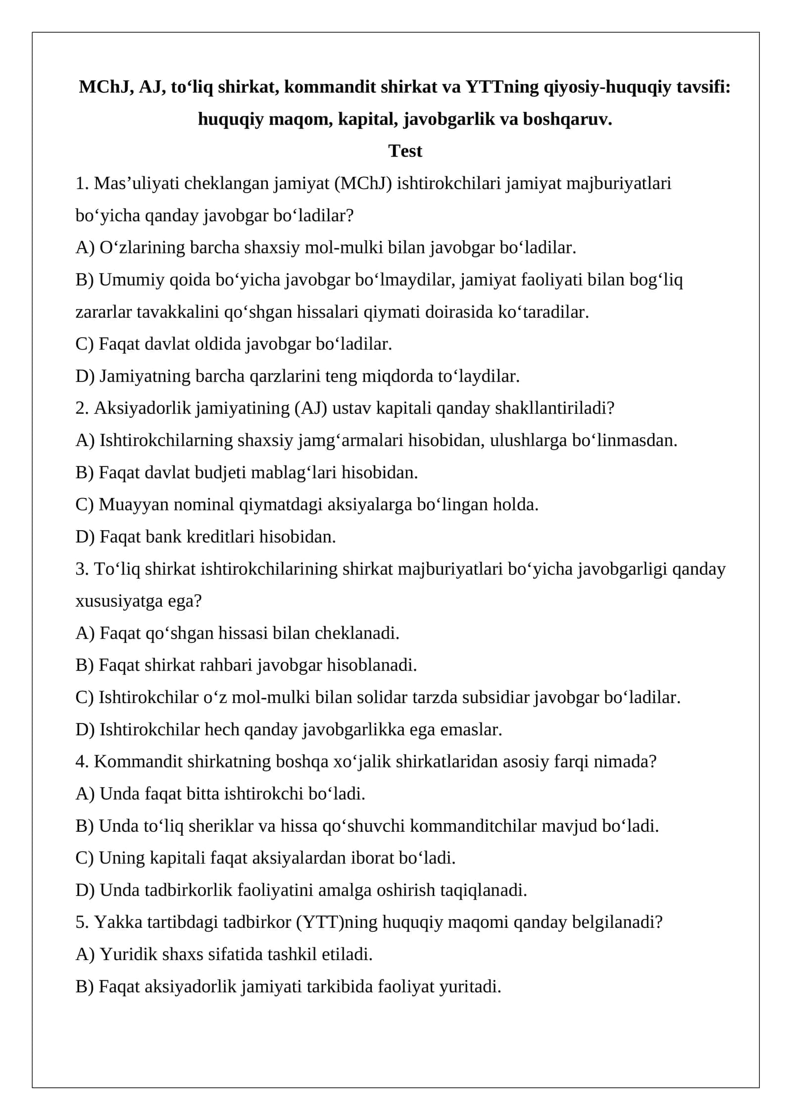 MChJ, AJ, to‘liq shirkat, kommandit shirkat va YTTning qiyosiy-huquqiy tavsifi: huquqiy maqom, kapital, javobgarlik va boshqaruv 1