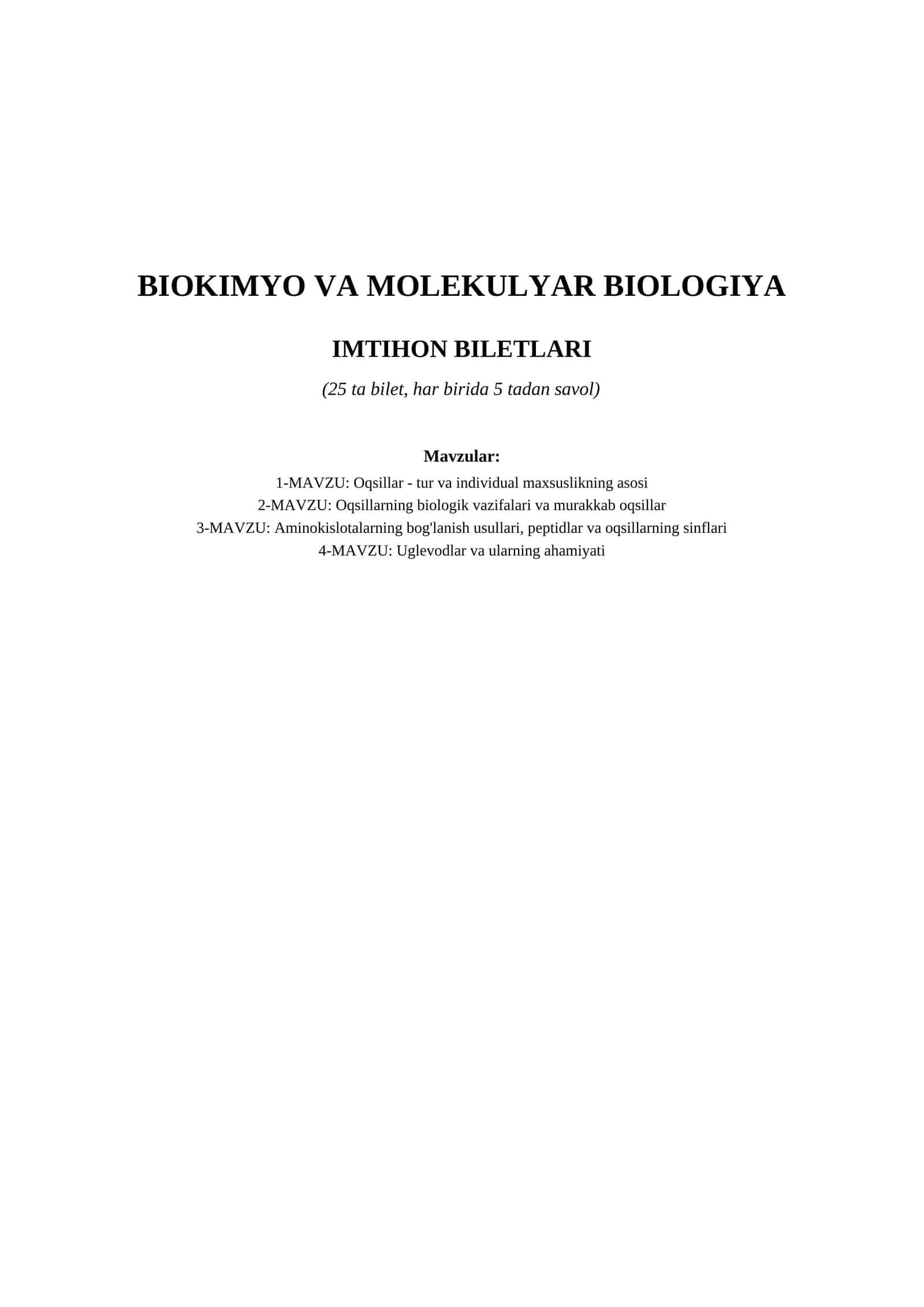 BIOKIMYO VA MOLEKULYAR BIOLOGIYA IMTIHON BILETLARI 1
