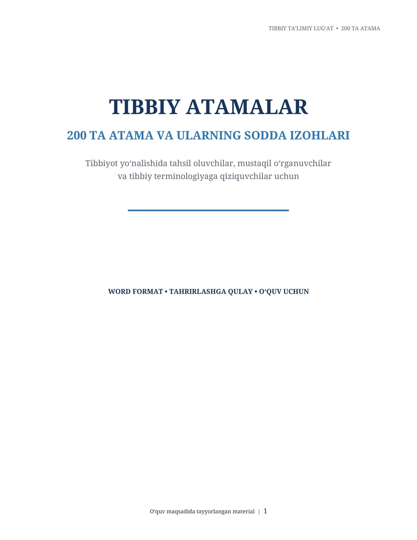 Tibbiy atamalar lug‘ati — 200 ta tibbiy termin va izohlar | Word DOCX 1