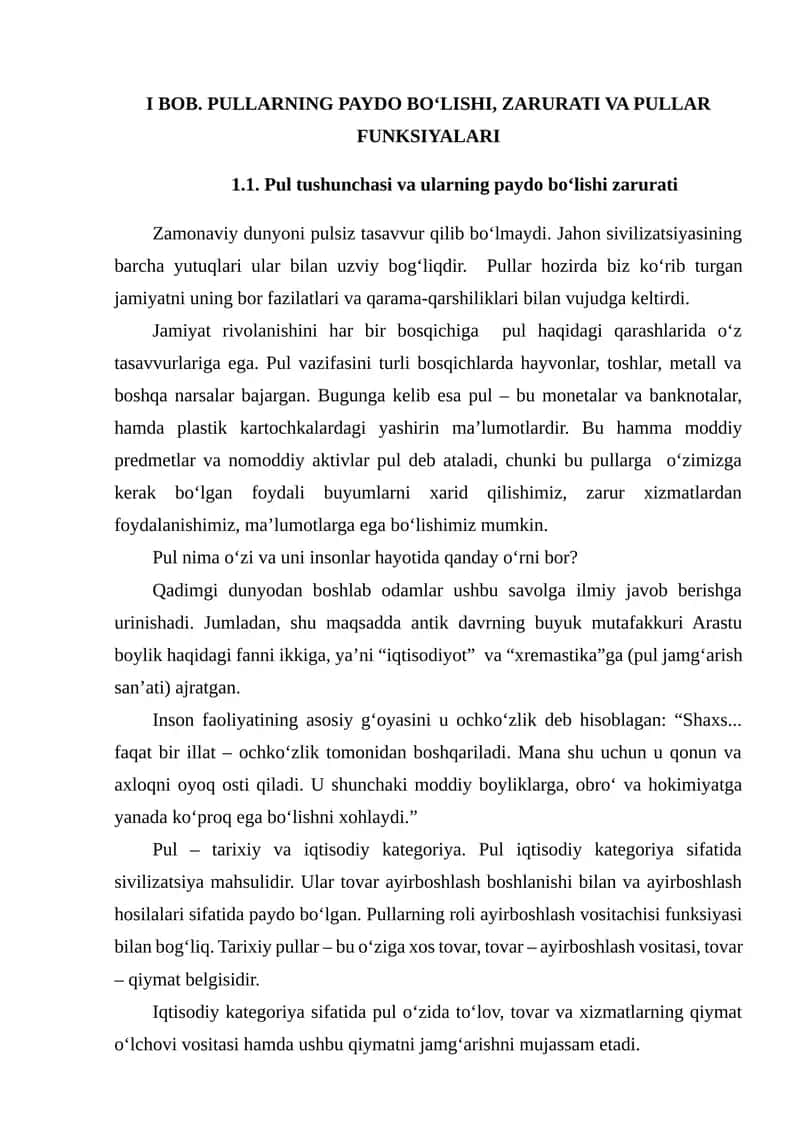 PULLARNING PAYDO BO‘LISHI, ZARURATI VA PULLAR FUNKSIYALARI 1