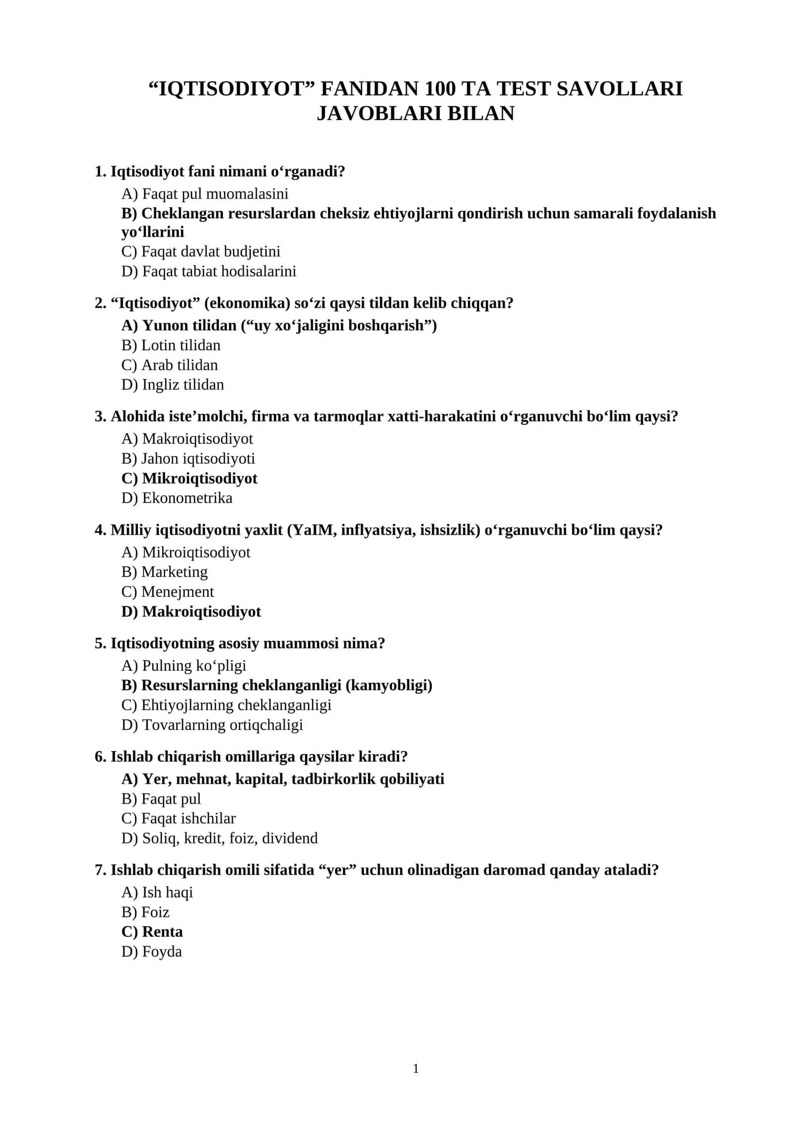 IQTISODIYOT” FANIDAN 100 TA TEST SAVOLLARI JAVOBLARI BILAN 1