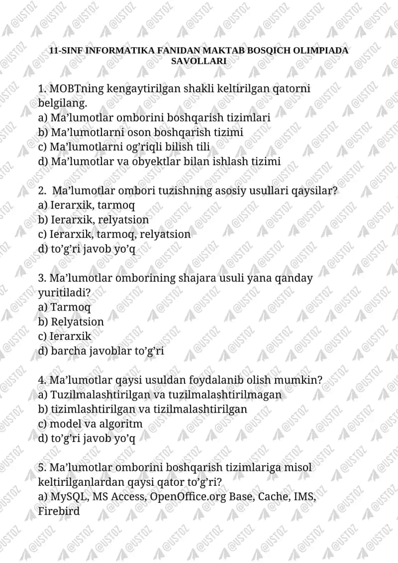 11-SINF INFORMATIKA FANIDAN MAKTAB BOSQICH OLIMPIADA SAVOLLARI 1