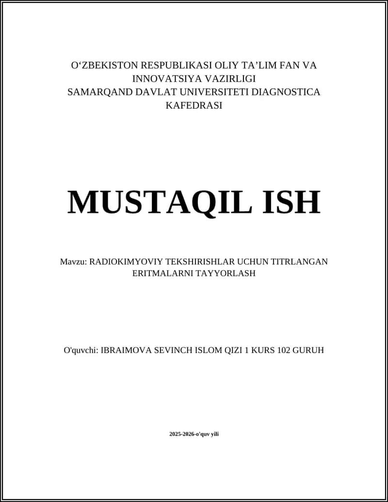 RADIOKIMYOVIY TEKSHIRISHLAR UCHUN TITRLANGAN ERITMALARNI TAYYORLASH 1