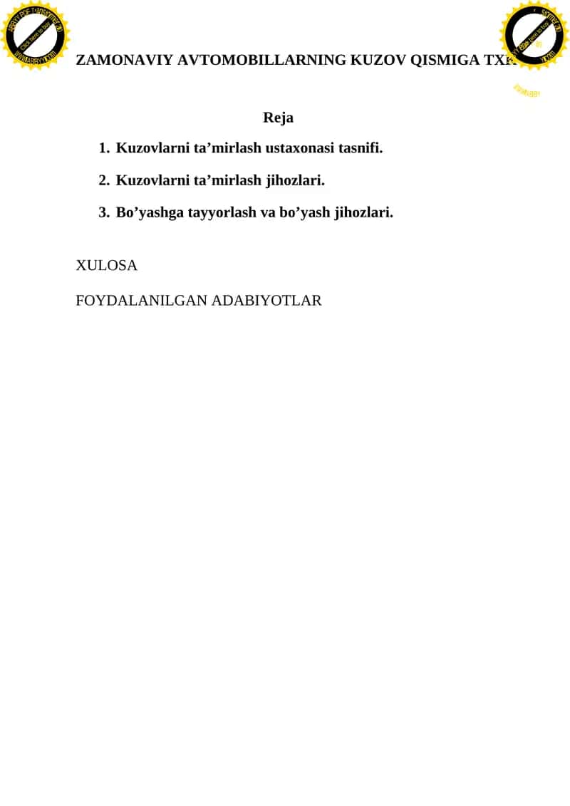ZAMONAVIY AVTOMOBILLARNING KUZOV QISMIGA TXK 1