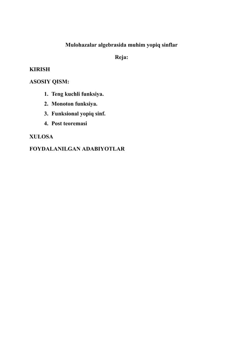 Mulohazalar algebrasida muhim yopiq sinflar 1