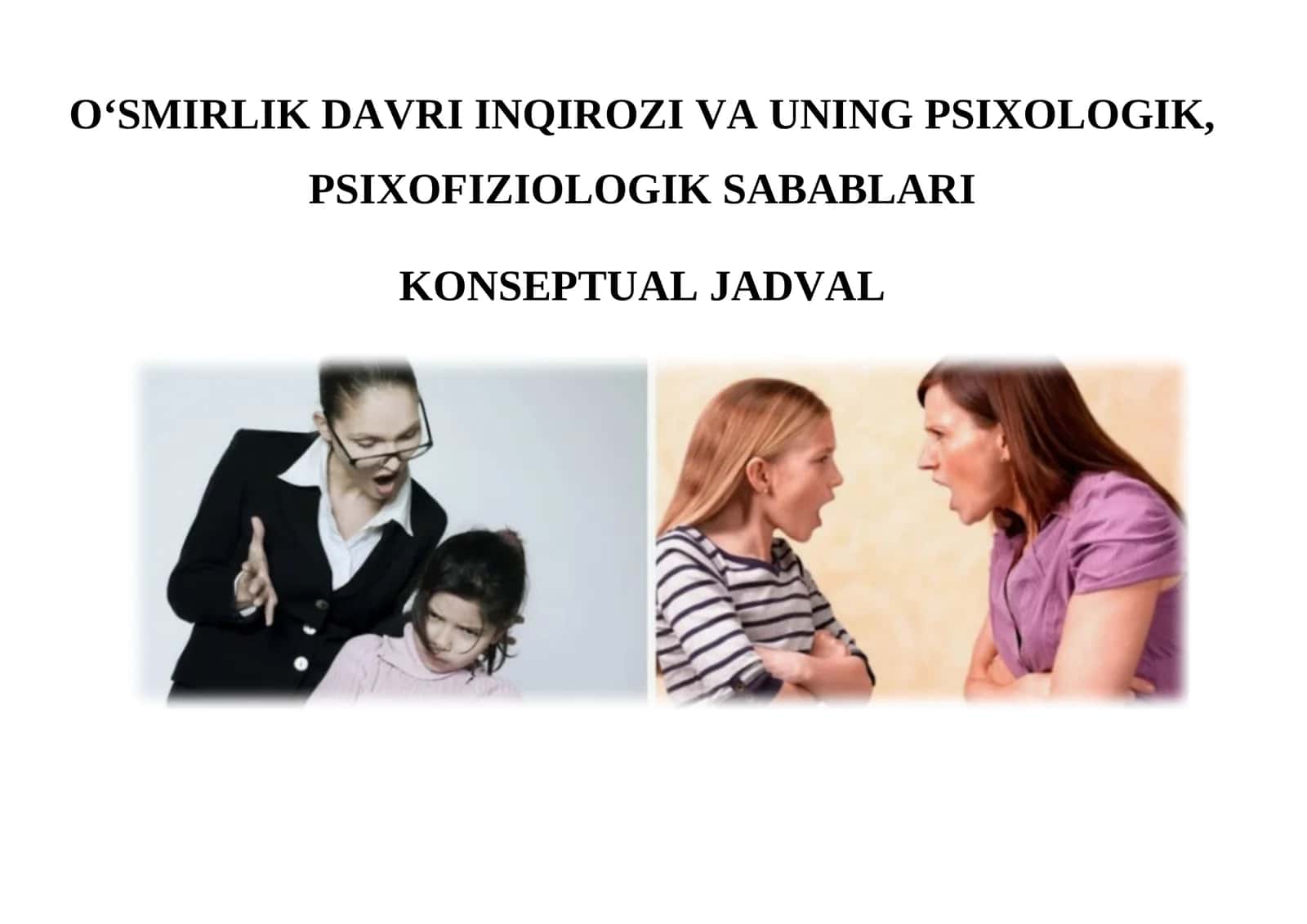 O‘SMIRLIK DAVRI INQIROZI VA UNING PSIXOLOGIK, PSIXOFIZIOLOGIK SABABLARI KONSEPTUAL JADVAL 1