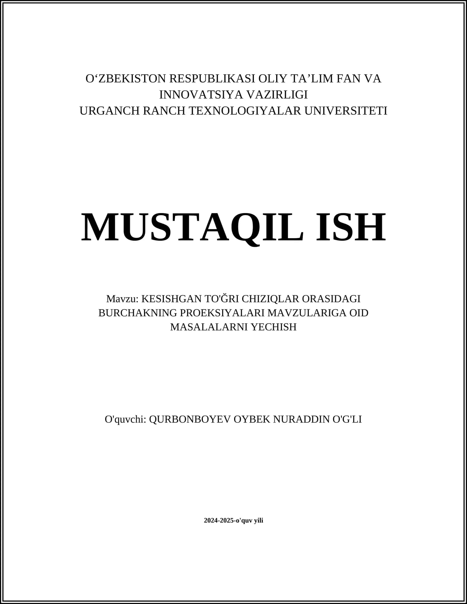 KESISHGAN TO'ĞRI CHIZIQLAR ORASIDAGI BURCHAKNING PROEKSIYALARI MAVZULARI 1