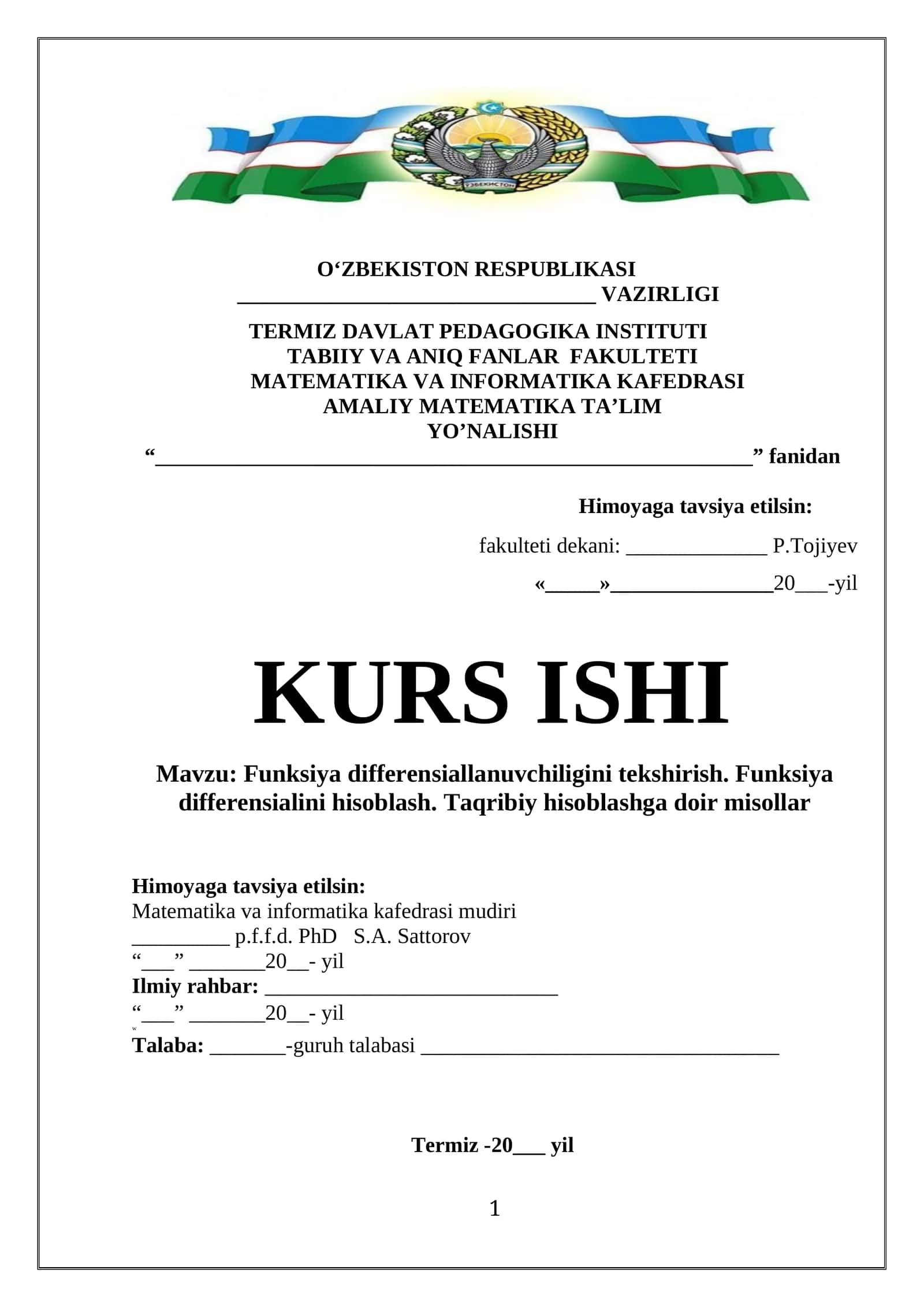 Funksiya differensiallanuvchiligini tekshirish. Funksiya differensialini hisoblash. Taqribiy hisoblashga doir misollar 1