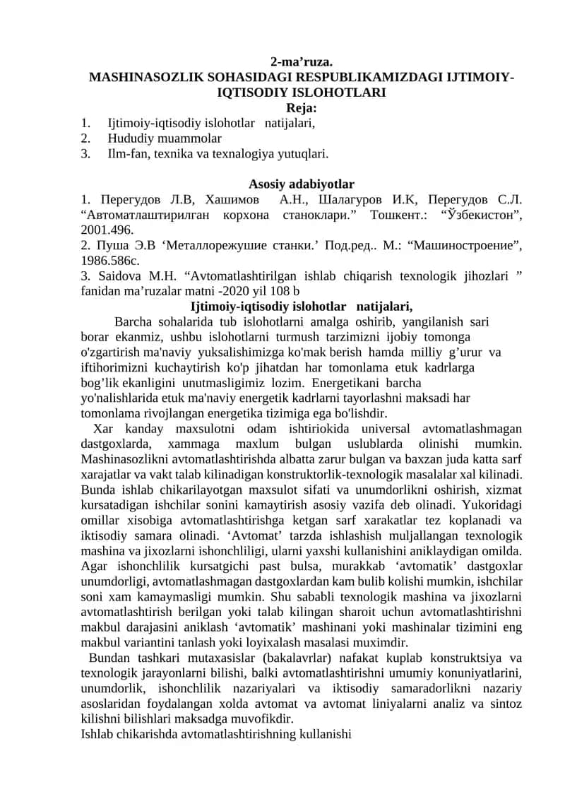 MASHINASOZLIK SOHASIDAGI RESPUBLIKAMIZDAGI IJTIMOIY-IQTISODIY ISLOHOTLARI 1
