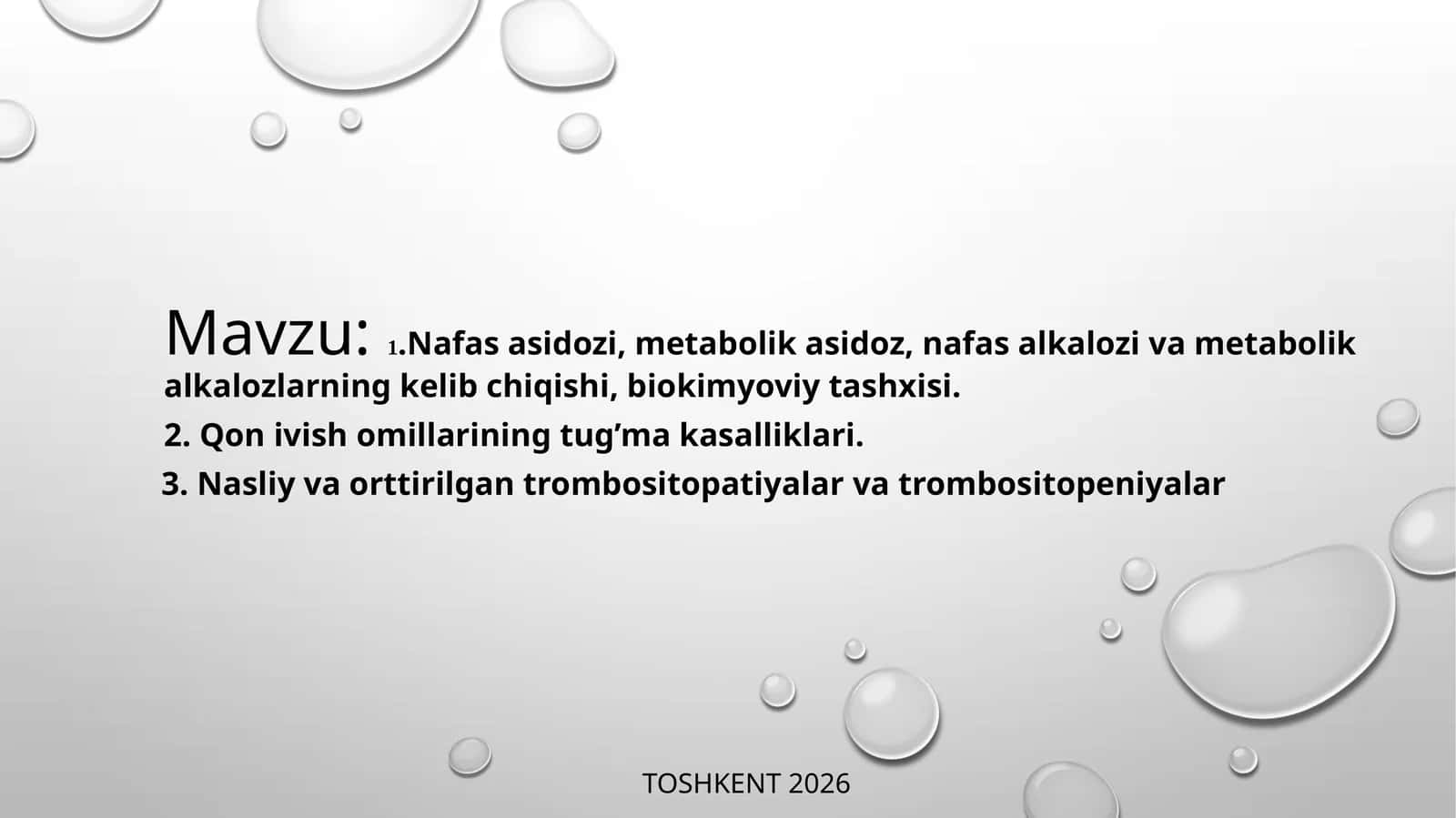 Nafas asidozi, metabolik asidoz, nafas alkalozi va metabolik alkalozlarning kelib chiqishi, biokimyoviy tashxisi 1