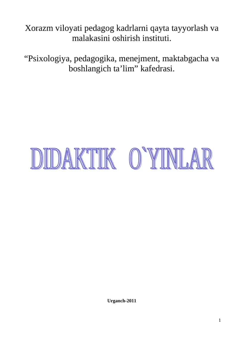 Matematika Darslari Uchun Didaktik O'yinlar Metodik Qo'llanma 1