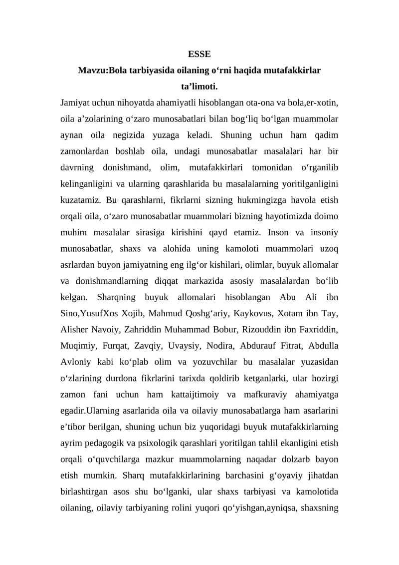 Bola tarbiyasida oilaning o‘rni haqida mutafakkirlar ta’limoti. 1