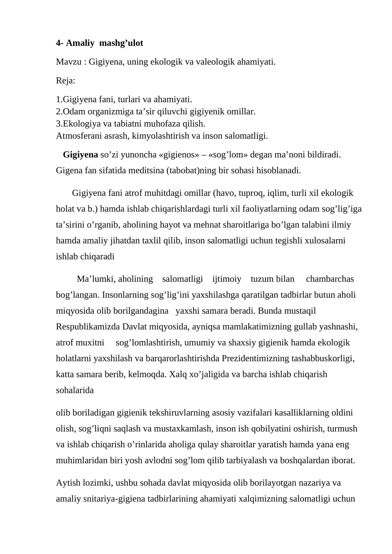 Gigiyena, uning ekologik va valeologik ahamiyati 1