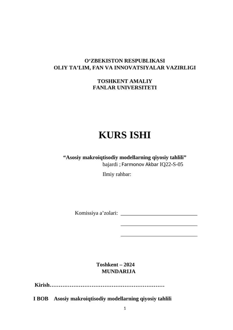 Asosiy makroiqtisodiy modellarning qiyosiy tahlili 1
