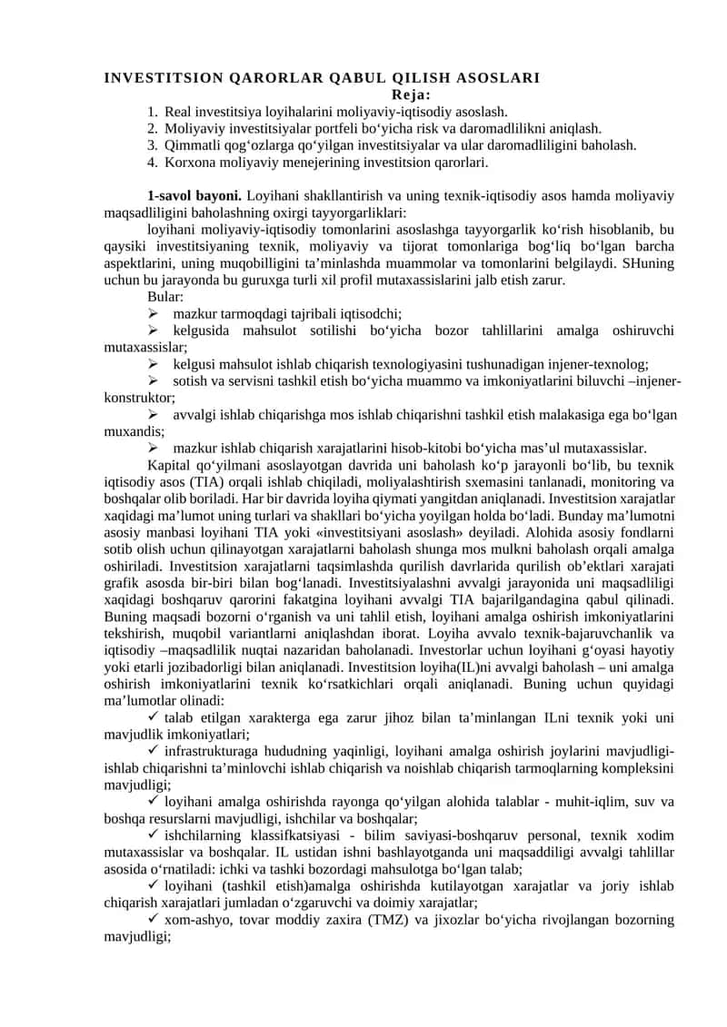 INVESTITSION QARORLAR QABUL QILISH ASOSLARI 1