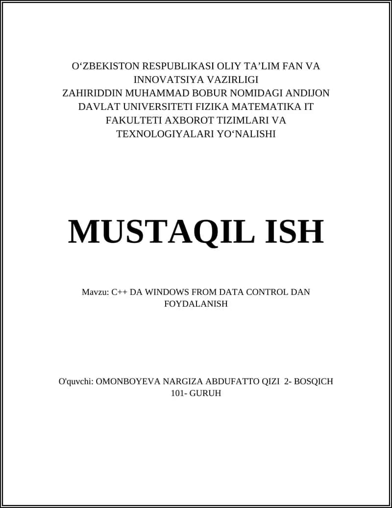 C++ DA WINDOWS FROM DATA CONTROL DAN FOYDALANISH 1