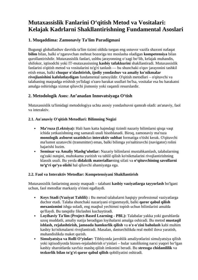 Mutaxassislik Fanlarini O‘qitish Metod va Vositalari: Kelajak Kadrlarni Shakllantirishning Fundamental Asoslari 1