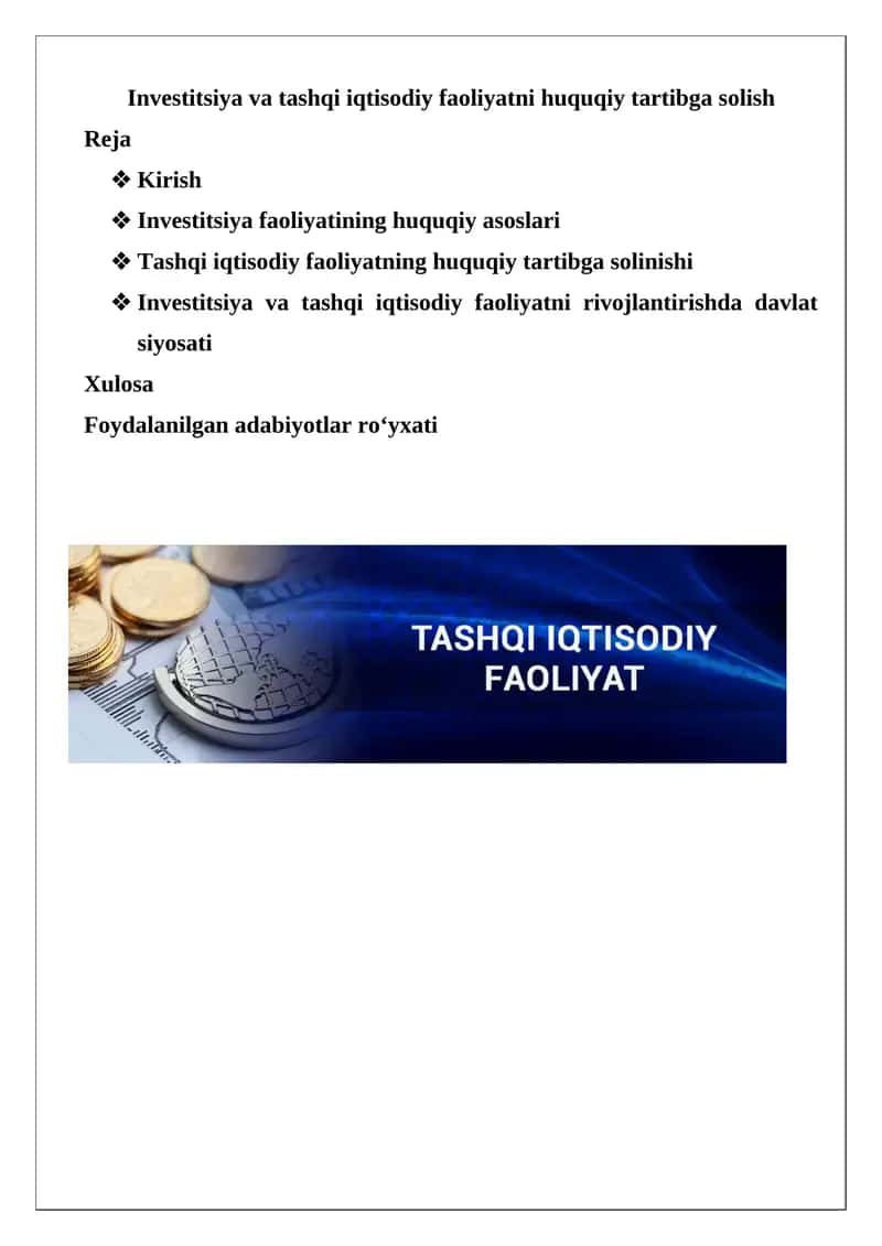 Investitsiya va tashqi iqtisodiy faoliyatni huquqiy tartibga solish 1