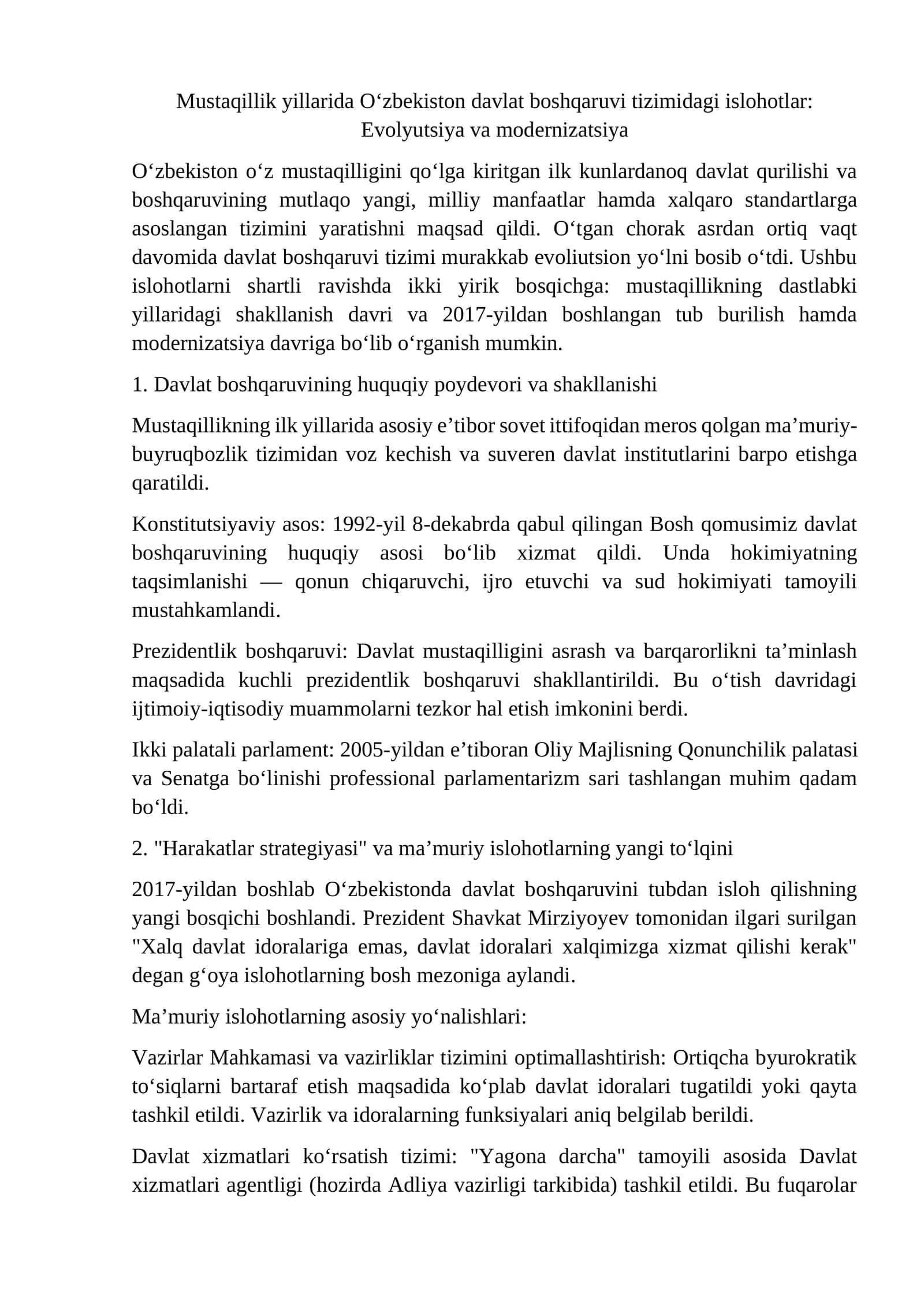 esse Mustaqillik yillarida O‘zbekiston davlat boshqaruvi tizimidagi islohotlar. 1