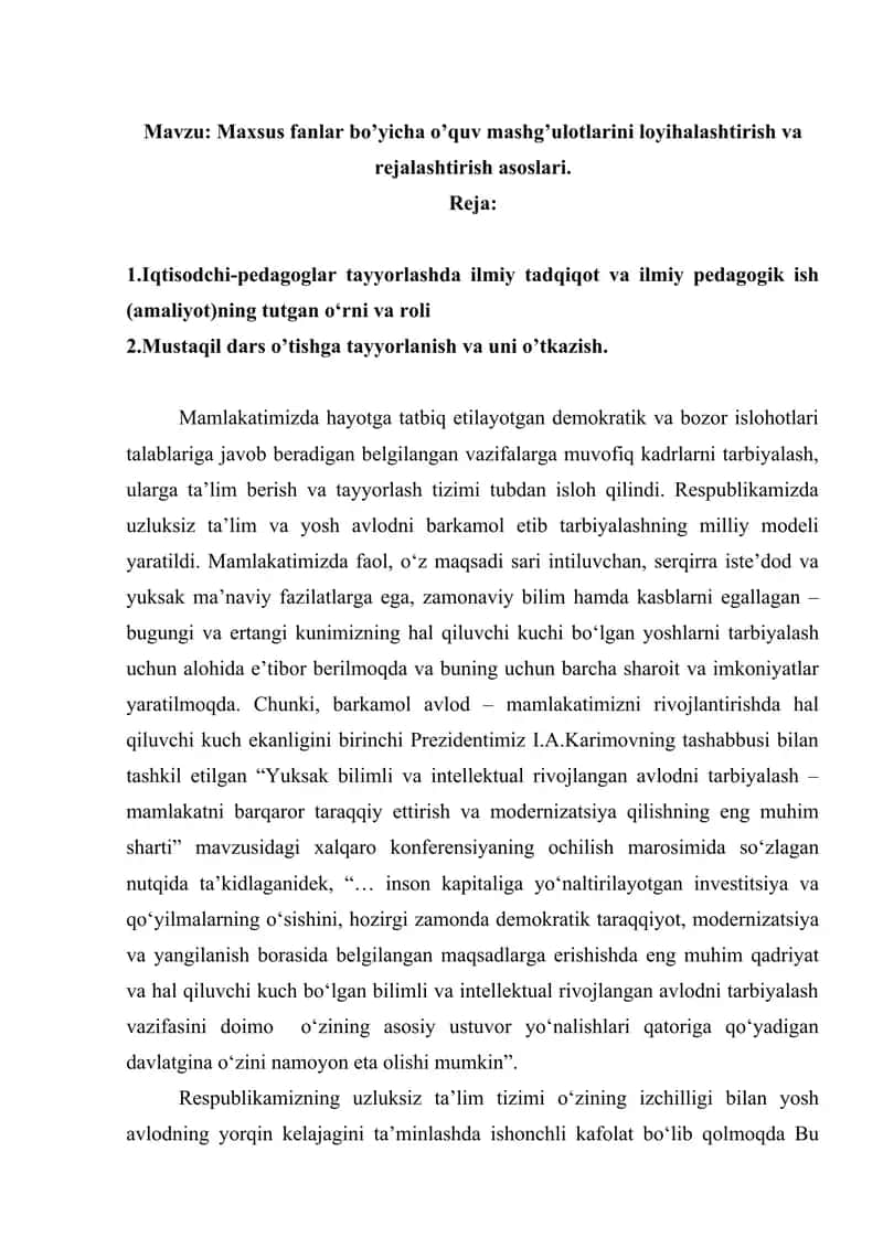 Maxsus fanlar bo’yicha o’quv mashg’ulotlarini loyihalashtirish va rejalashtirish asoslari 1