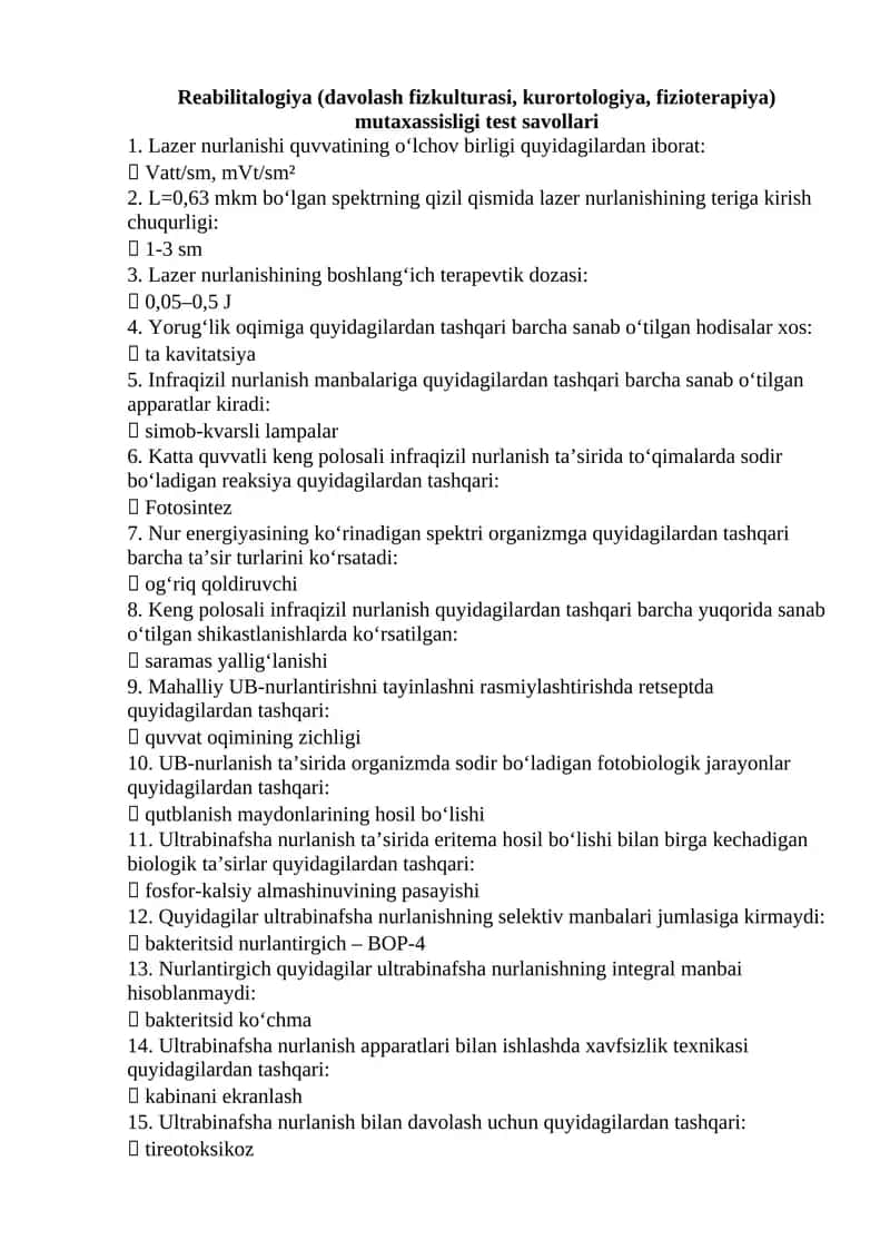 Reabilitalogiya (davolash fizkulturasi, kurortologiya, fizioterapiya) mutaxassisligi test savollari 1